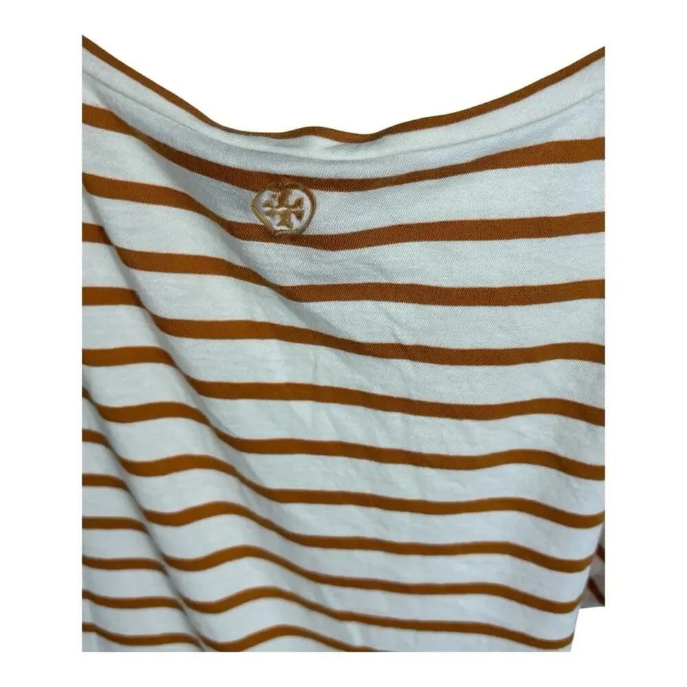 Tory Burch Soft Striped V Neck Brown and White Women's Tee Size L